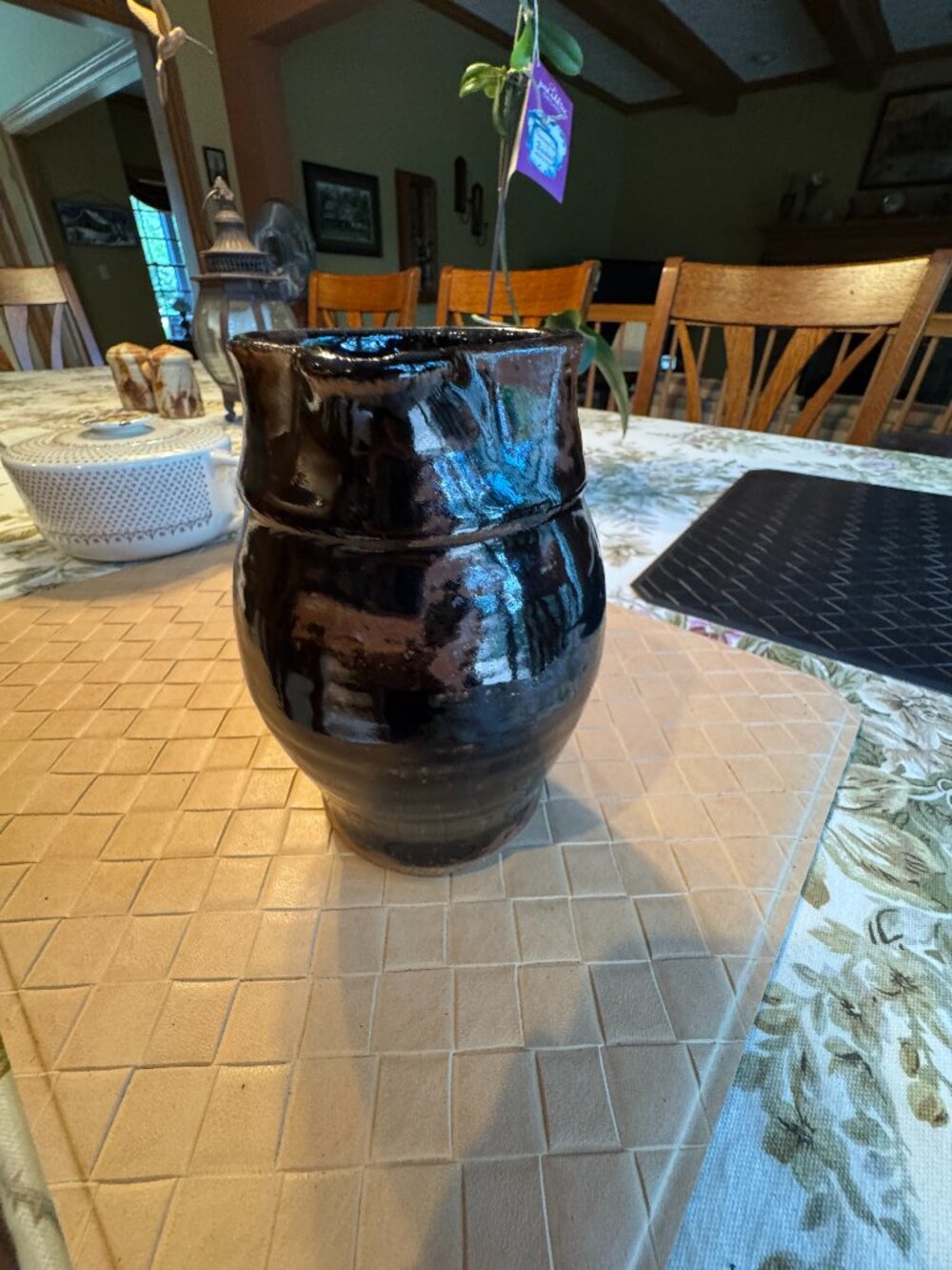 Handmade Pottery Glazed Pitcher with Handle 6" High Dark Brown
